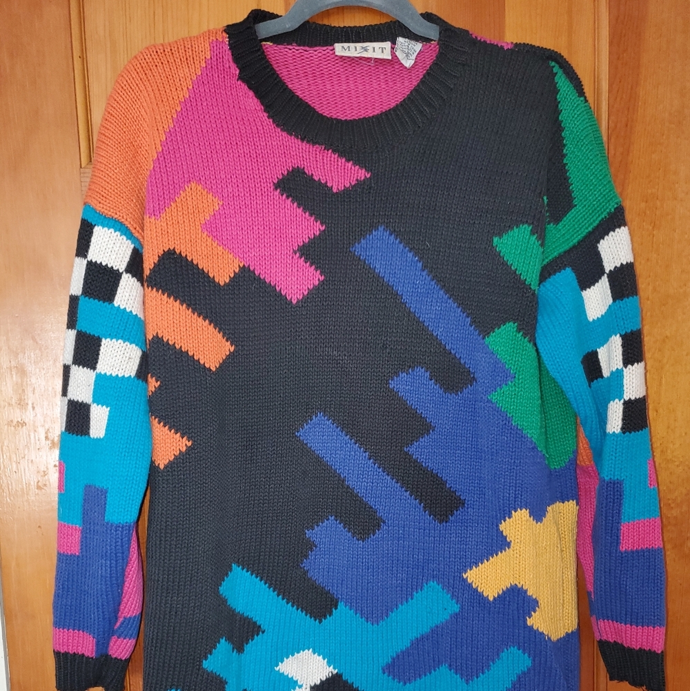Vintage 80's Mixit Vibrant Geometric Pop Art Crewneck Sweater Cotton M